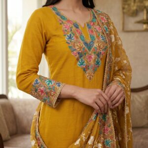 Mustard Yellow Embroidered Kurti Pant Dupatta Set