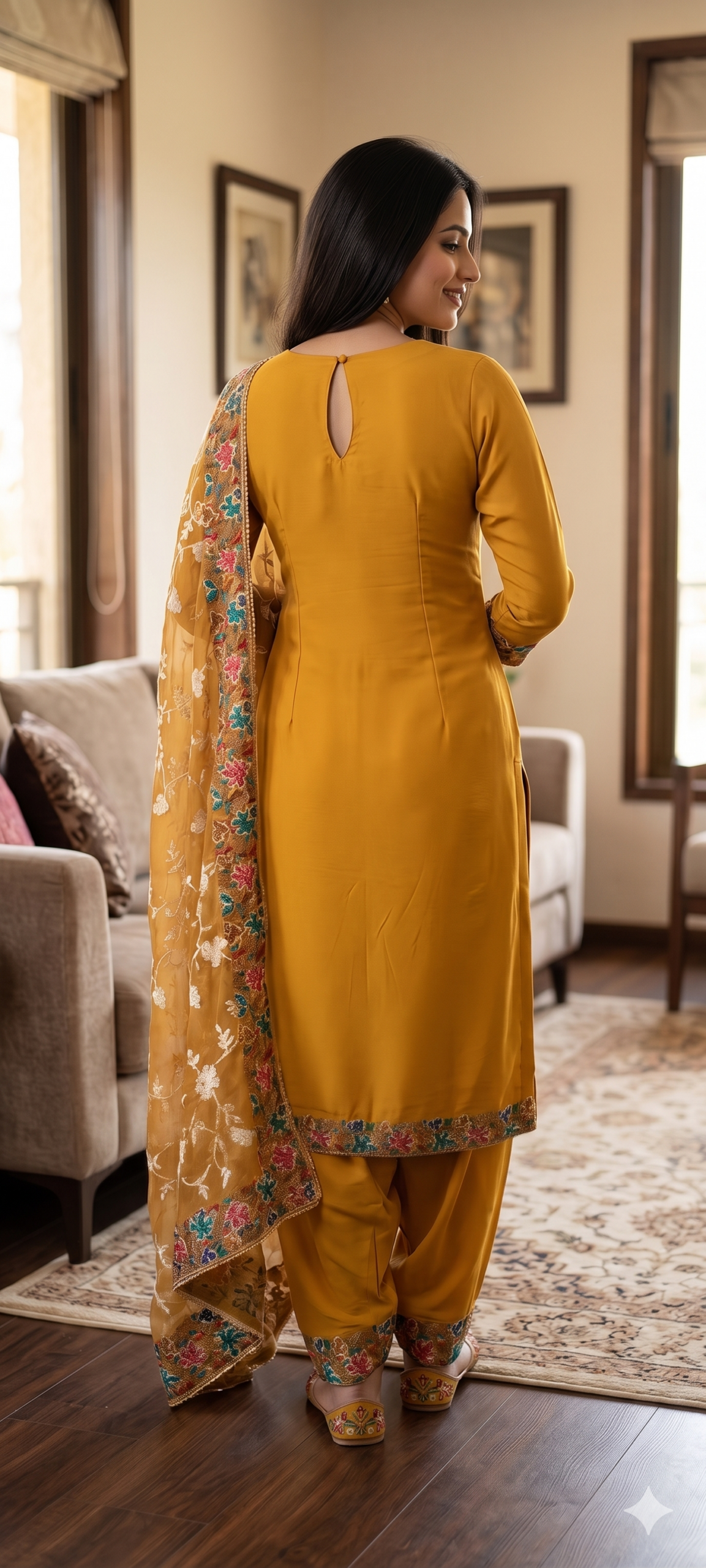 Mustard Yellow Embroidered Kurti Pant Dupatta Set - Image 2