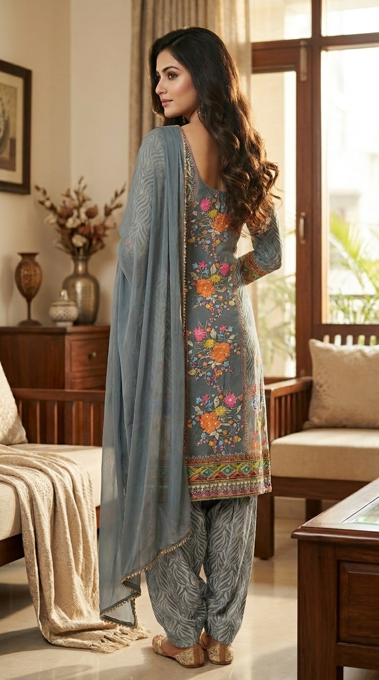Grey Floral Printed Unstitched Suit Material with Dupatta - Image 2