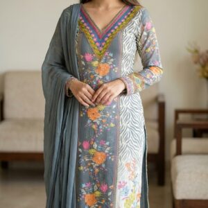 Grey Floral Printed Unstitched Suit Material with Dupatta