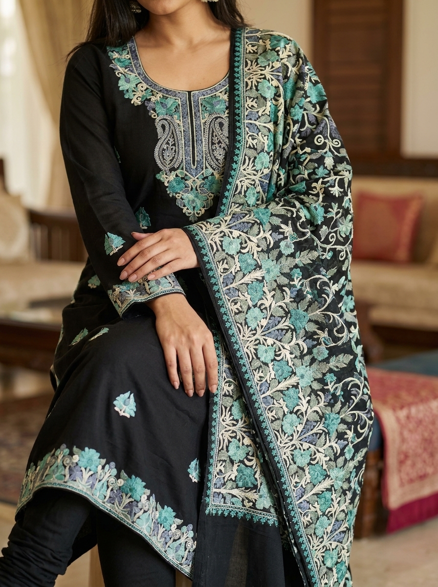 Designer Embroidered Kurti Pant Dupatta Set - Image 4
