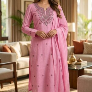 Pink Embroidered Unstitched Suit Material with Dupatta