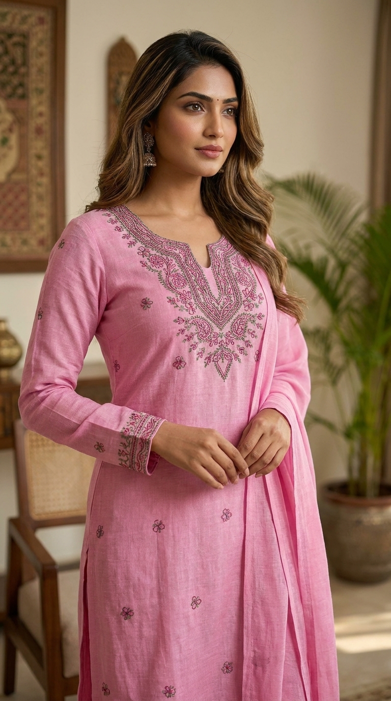 Pink Embroidered Unstitched Suit Material with Dupatta - Image 3