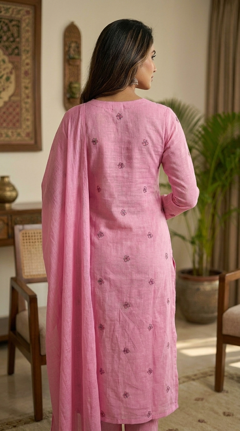 Pink Embroidered Unstitched Suit Material with Dupatta - Image 2