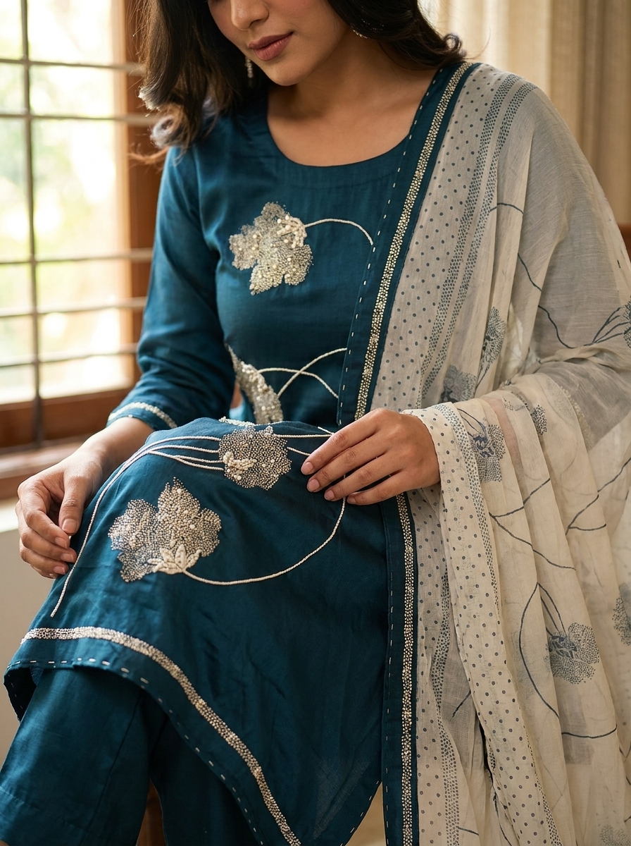 Teal Blue Embroidered Kurti Pant Dupatta Set - Image 2