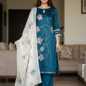 Teal Blue Embroidered Kurti Pant Dupatta Set