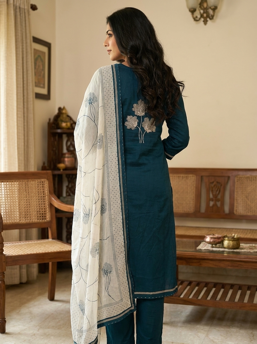 Teal Blue Embroidered Kurti Pant Dupatta Set - Image 4