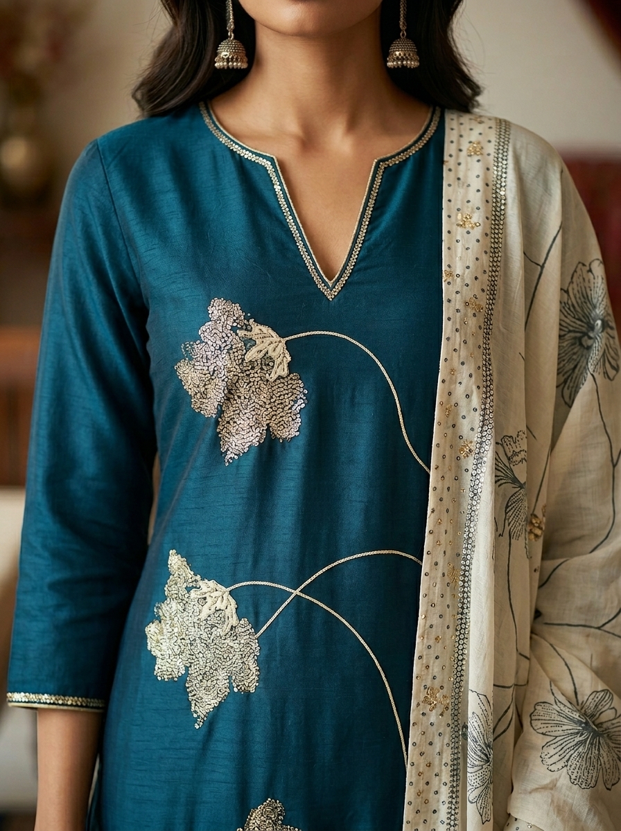 Teal Blue Embroidered Kurti Pant Dupatta Set - Image 3