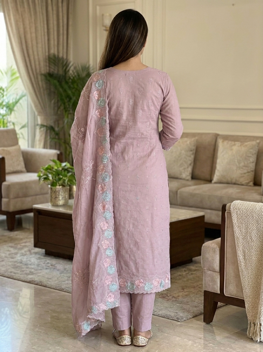 Embroidered Kurti Pant Dupatta Set - Image 2