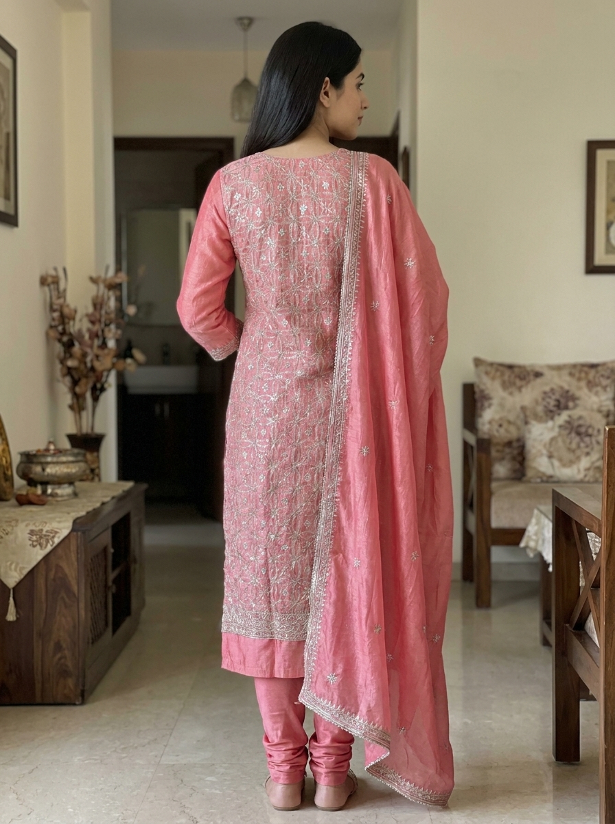 Pink Heavy Embroidered Kurti Pant Dupatta Set - Image 4