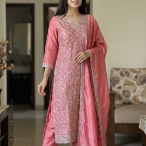 Pink Heavy Embroidered Kurti Pant Dupatta Set