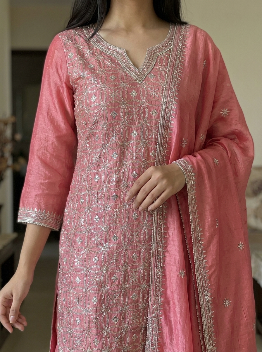 Pink Heavy Embroidered Kurti Pant Dupatta Set - Image 2