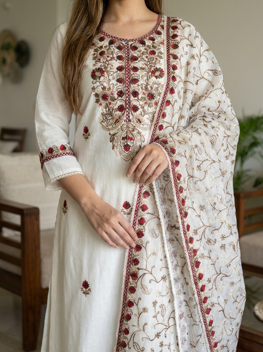 Off White Floral Embroidered Kurti Pant Dupatta Set - Image 4