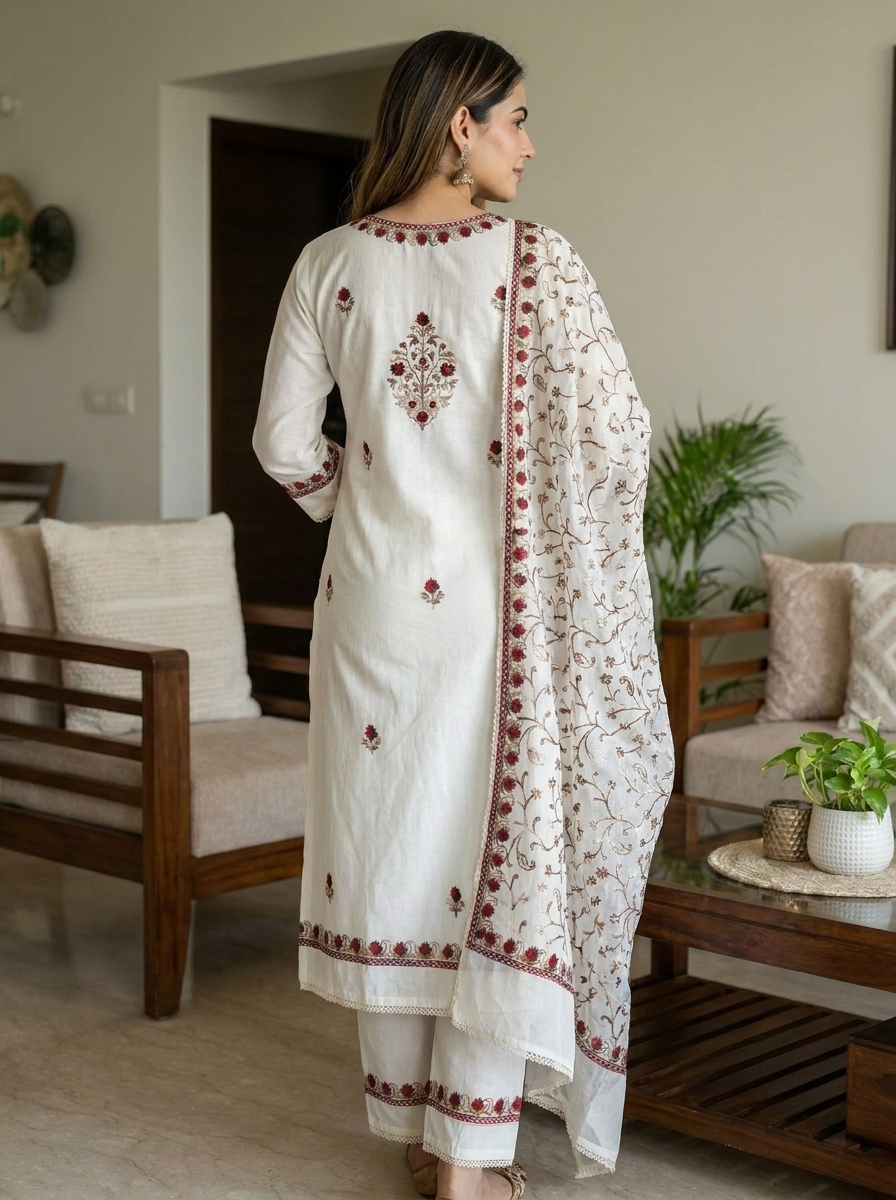 Off White Floral Embroidered Kurti Pant Dupatta Set - Image 3
