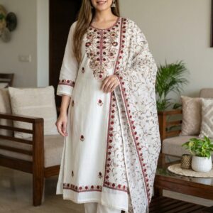 Off White Floral Embroidered Kurti Pant Dupatta Set