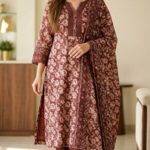 Brown Floral Printed Kurti Pant Dupatta Set