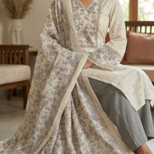Elegant Printed Unstitched Kurta Pant Dupatta Dress Material Set