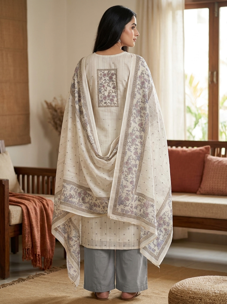 Elegant Printed Unstitched Kurta Pant Dupatta Dress Material Set - Image 3