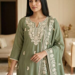 Sage Green Embroidered Kurti Pant Dupatta Set