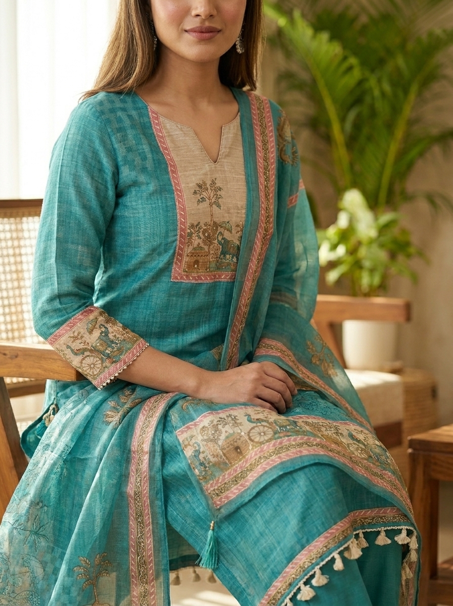 Beautiful Printed Unstitched Kurta Pant Dupatta Dress Material Set - Image 4