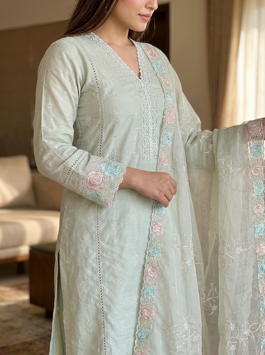 Elegant Embroidered Unstitched Kurta Pant Dupatta Dress Material Set - Image 2