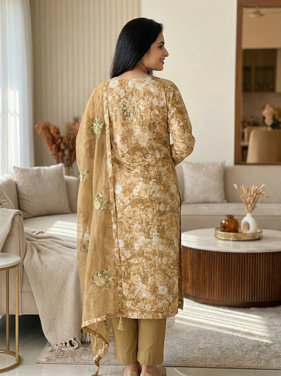 Elegant Floral Printed Unstitched Kurta Pant Dupatta Dress Material Set - Image 2
