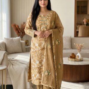 Elegant Floral Printed Unstitched Kurta Pant Dupatta Dress Material Set