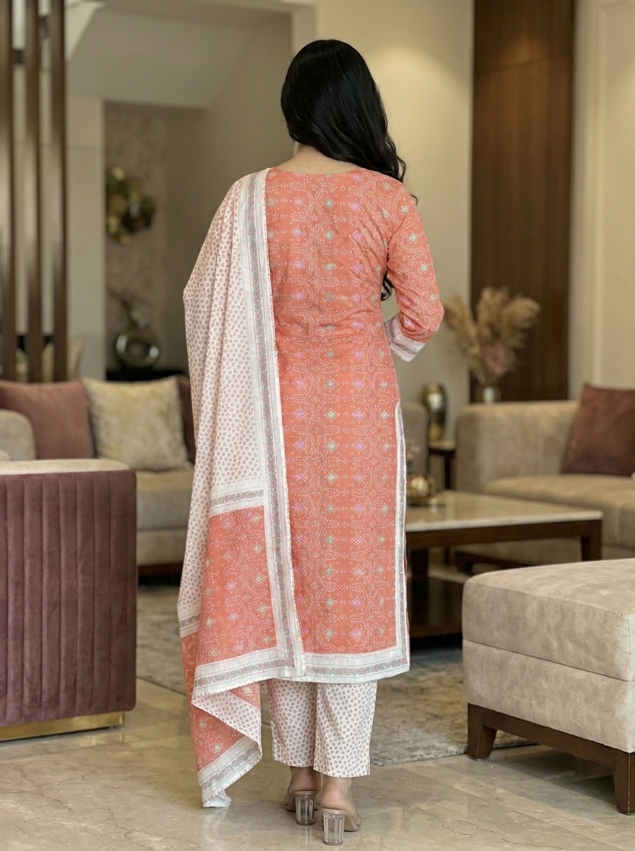 Peach Printed Unstitched Suit Dress Material with Dupatta - Image 4