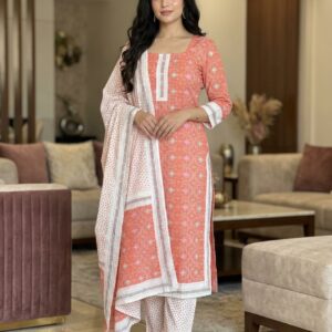 Peach Printed Unstitched Suit Dress Material with Dupatta