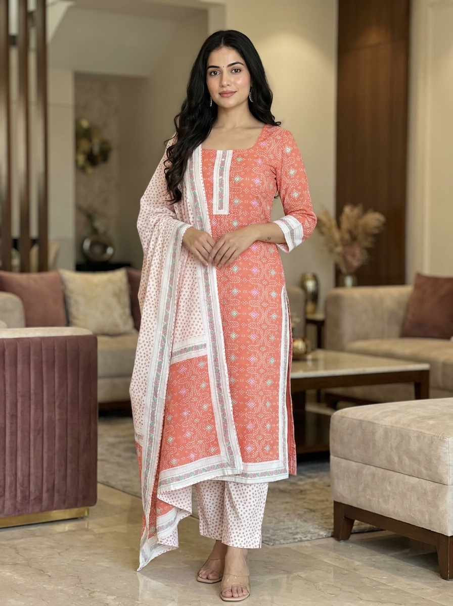 Peach Printed Unstitched Suit Dress Material with Dupatta - Image 2