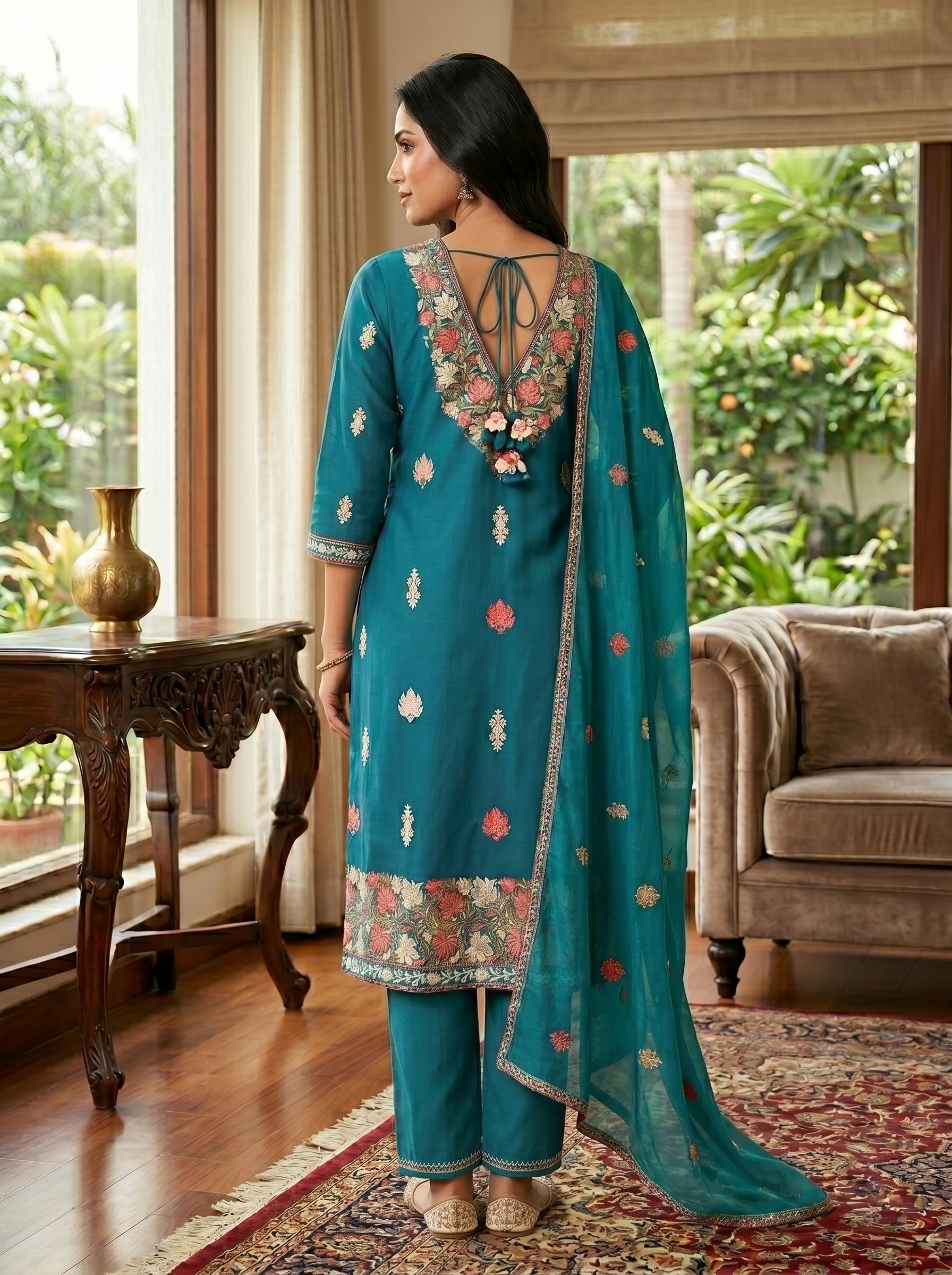 Designer Floral Embroidered Unstitched Kurta Pant Dupatta Dress Material Set - Image 2