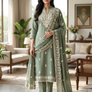 Embroidered Kurti Pant & Dupatta Set