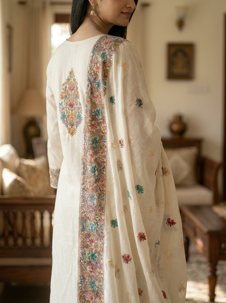 Elegant White Embroidered Kurti Pant Dupatta Set - Image 4