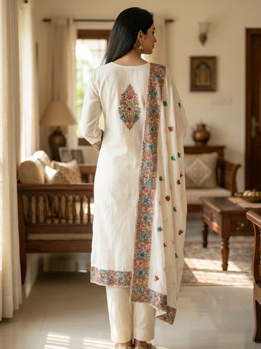 Elegant White Embroidered Kurti Pant Dupatta Set - Image 3