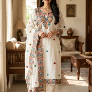 Elegant White Embroidered Kurti Pant Dupatta Set