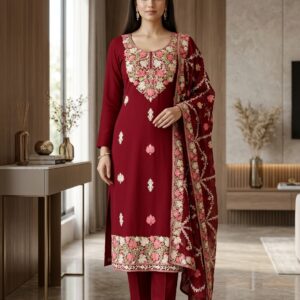 Premium Maroon Embroidered Straight Suit Set with Net Dupatta