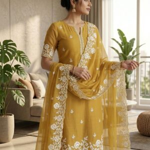 Premium Mustard Embroidered Suit Set with Designer Dupatta