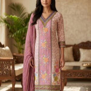 Premium Pink Floral Printed Unstitched Suit Fabric Set for Women