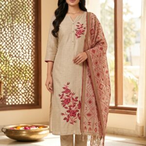 Premium Beige Floral Printed Unstitched Suit Fabric Set for Women