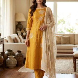 Premium Mustard Unstitched Suit Fabric Set with Dupatta