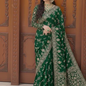 Green Embroidered Saree with Heavy Border Work